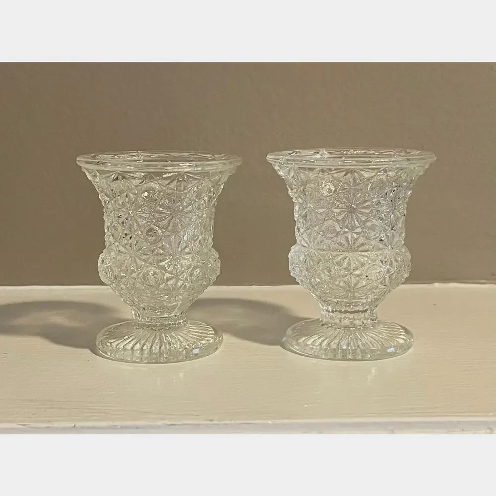 Vintage Etched Glass Pedestal Tapered Candle Holders, Set of 2